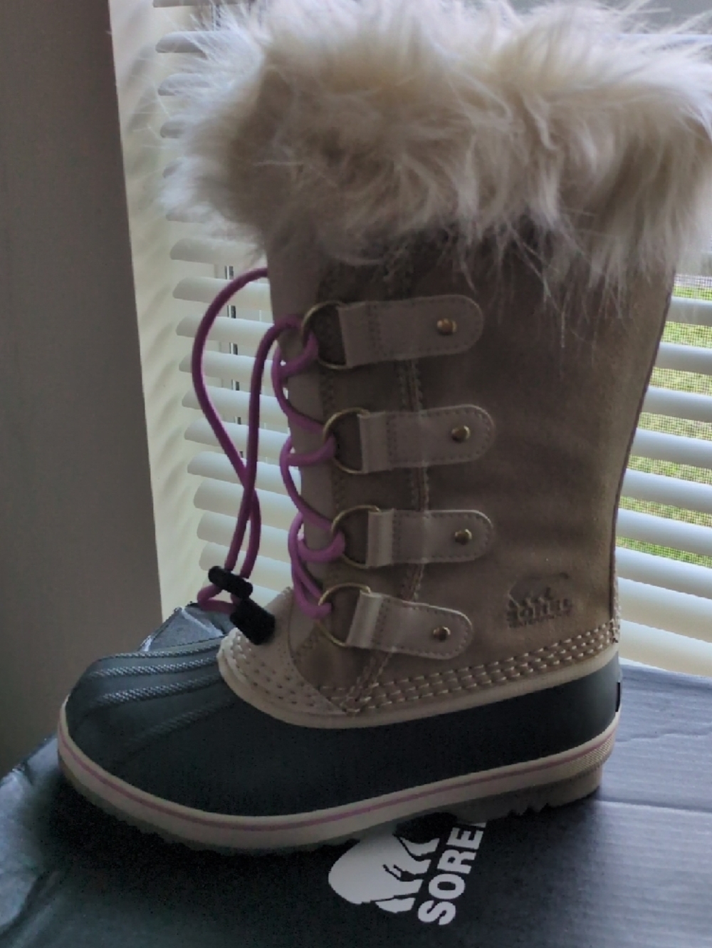 Sorel Girls Joan Of Artic Cream and Black Waterproof Winter Boot with Pink Laces